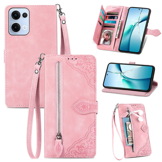 For Oppo Reno13 5G (Global) Zipper Wallet Case with Strap Flower Imprint PU Leather Phone Cover - Pink