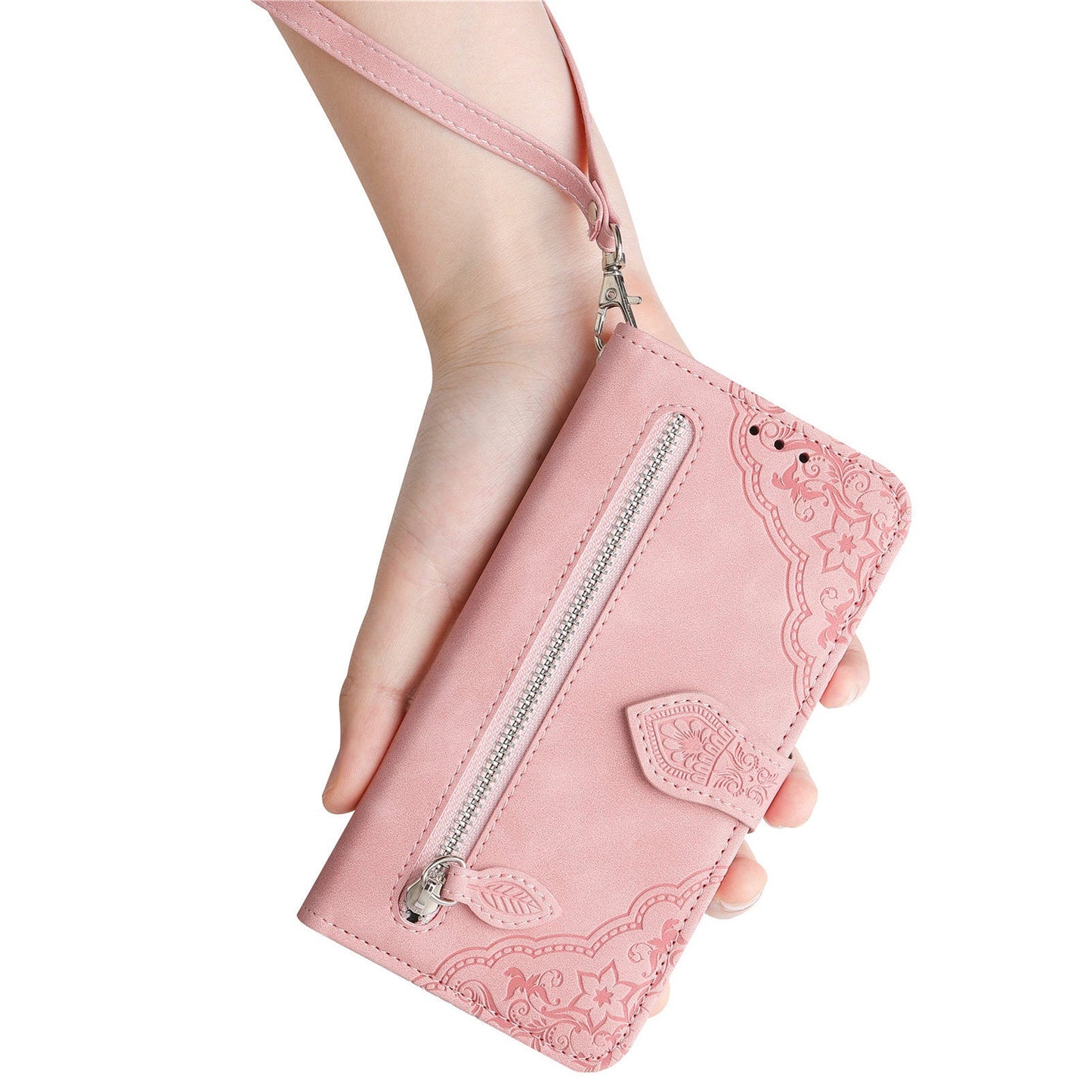 For Oppo Reno13 5G (Global) Zipper Wallet Case with Strap Flower Imprint PU Leather Phone Cover - Pink