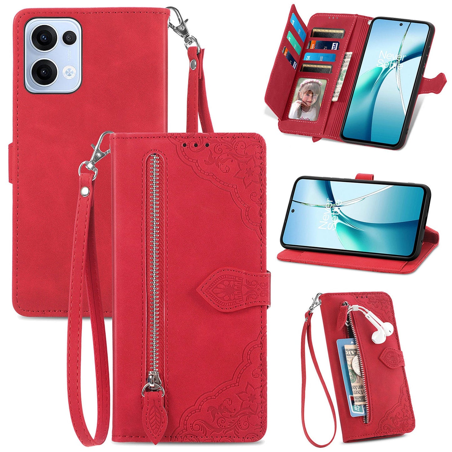 For Oppo Reno13 5G (Global) Zipper Wallet Case with Strap Flower Imprint PU Leather Phone Cover - Red