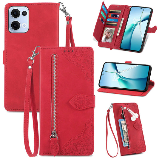 For Oppo Reno13 5G (Global) Zipper Wallet Case with Strap Flower Imprint PU Leather Phone Cover - Red