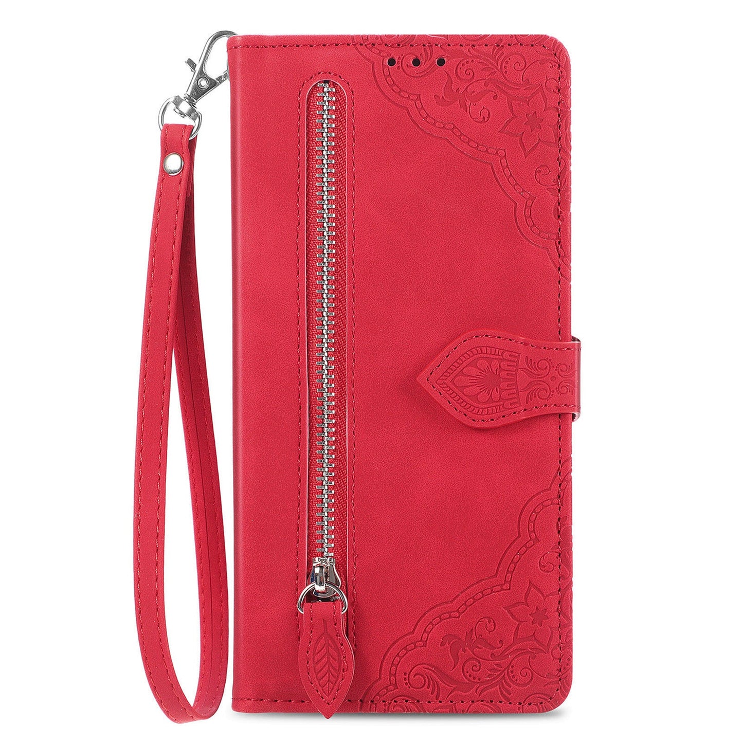 For Oppo Reno13 5G (Global) Zipper Wallet Case with Strap Flower Imprint PU Leather Phone Cover - Red