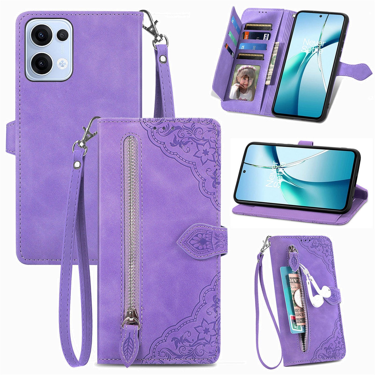 For Oppo Reno13 5G (Global) Zipper Wallet Case with Strap Flower Imprint PU Leather Phone Cover - Purple