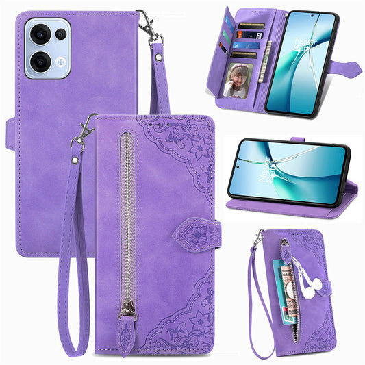 For Oppo Reno13 5G (Global) Zipper Wallet Case with Strap Flower Imprint PU Leather Phone Cover - Purple