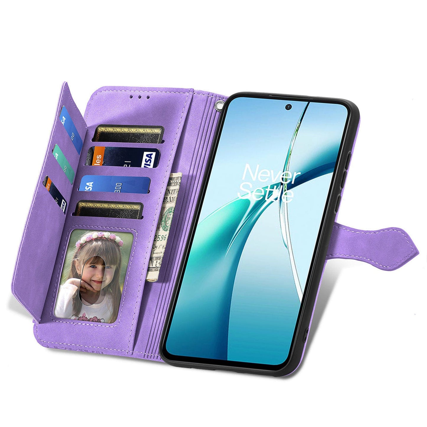 For Oppo Reno13 5G (Global) Zipper Wallet Case with Strap Flower Imprint PU Leather Phone Cover - Purple