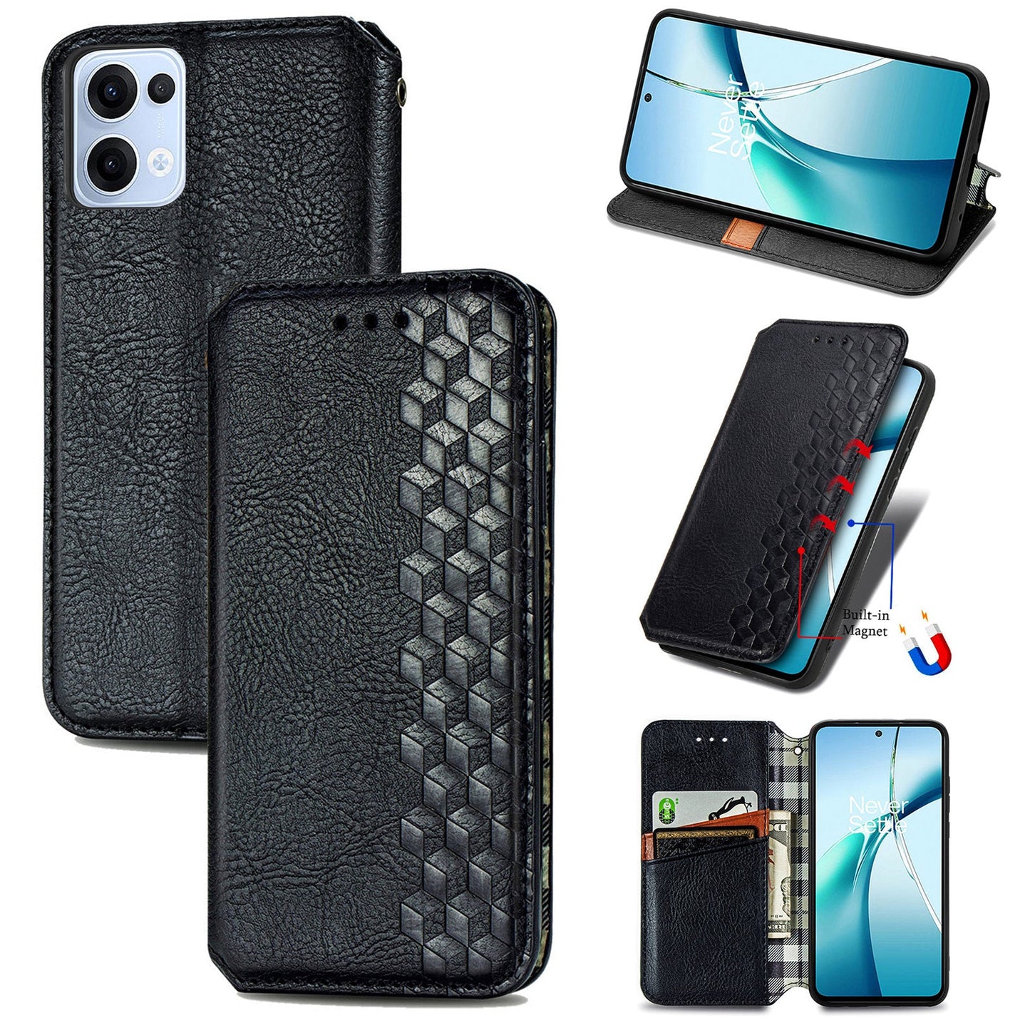 For Oppo Reno13 5G (Global) Case Rhombus Imprint PU Leather Wallet Phone Cover - Black