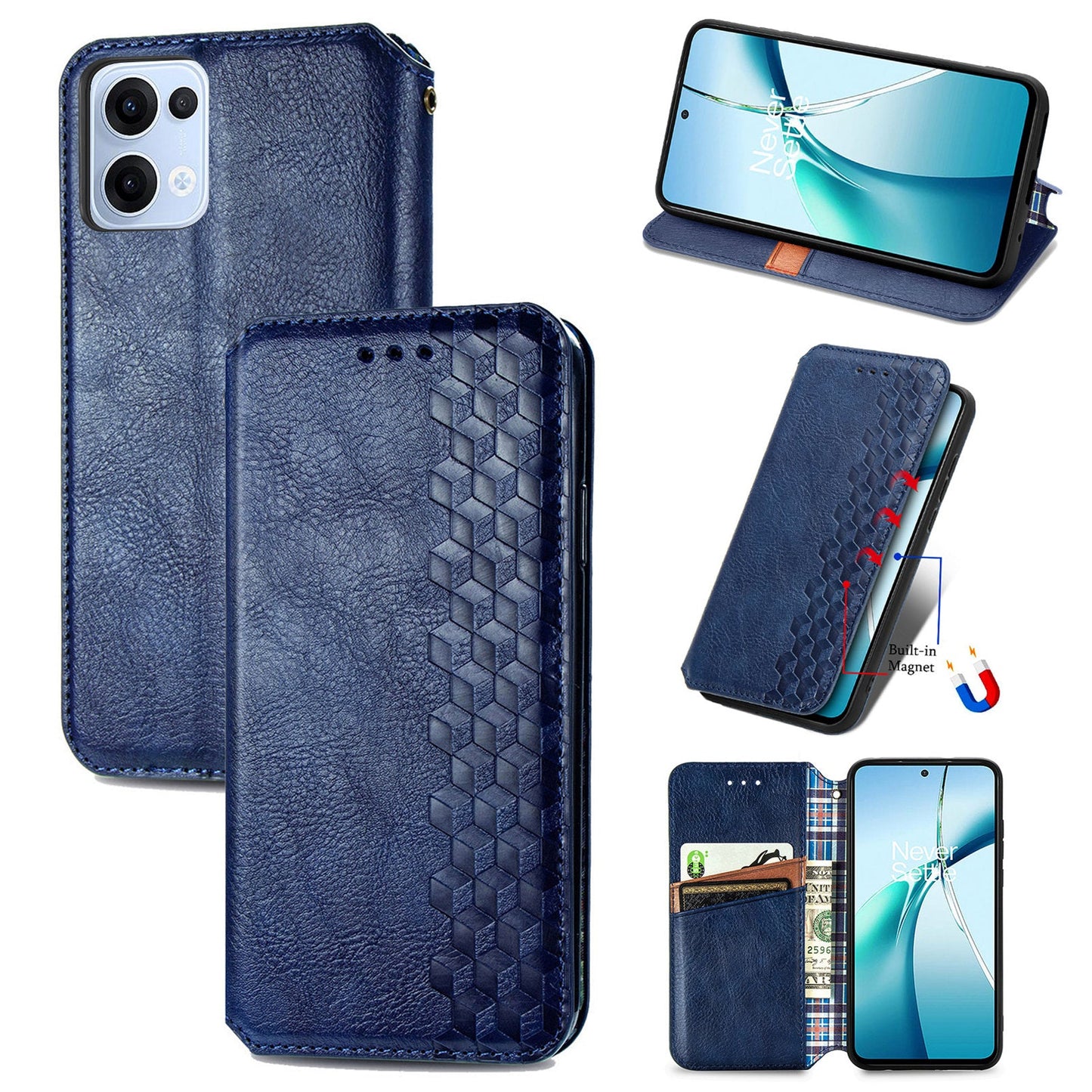 For Oppo Reno13 5G (Global) Case Rhombus Imprint PU Leather Wallet Phone Cover - Blue