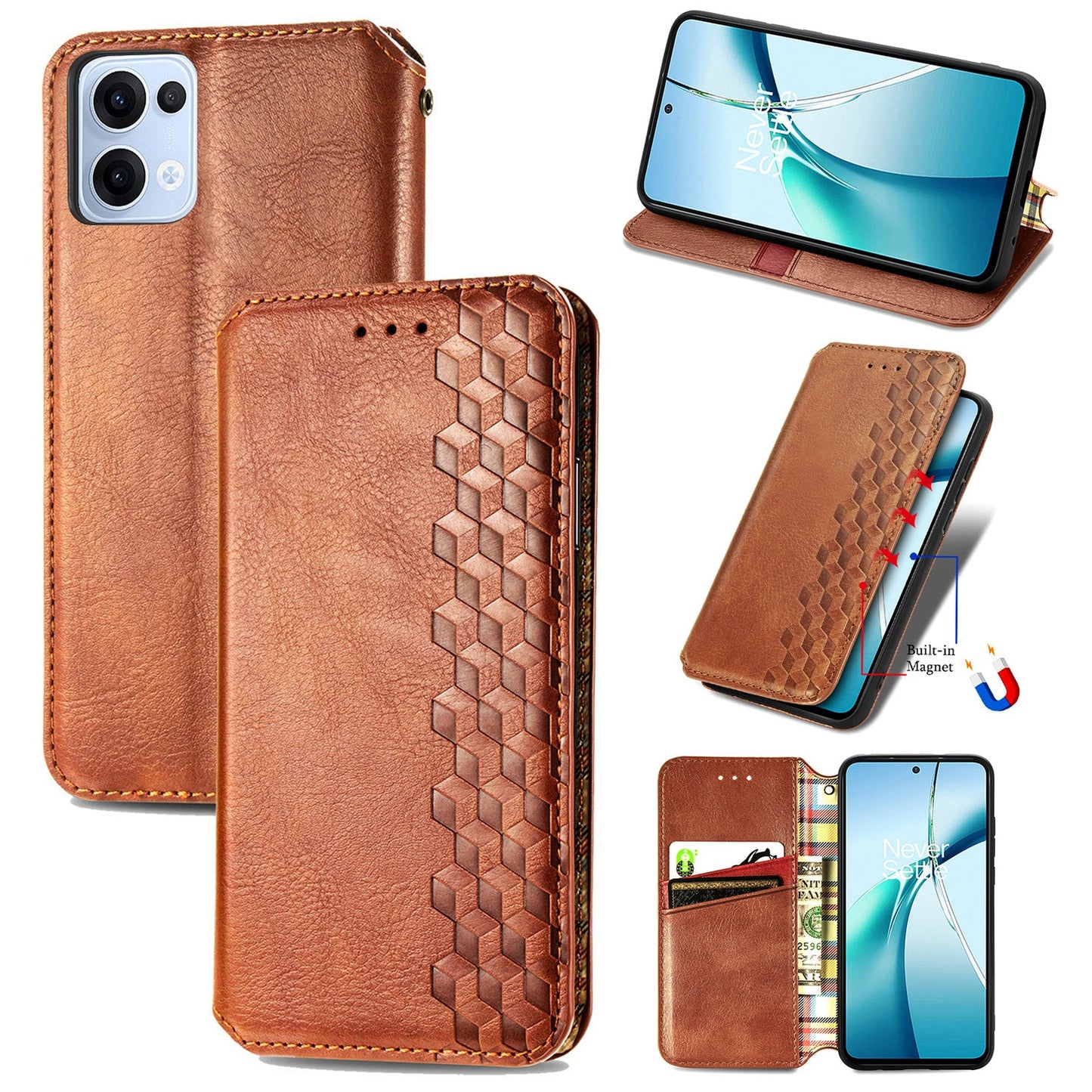 For Oppo Reno13 5G (Global) Case Rhombus Imprint PU Leather Wallet Phone Cover - Brown