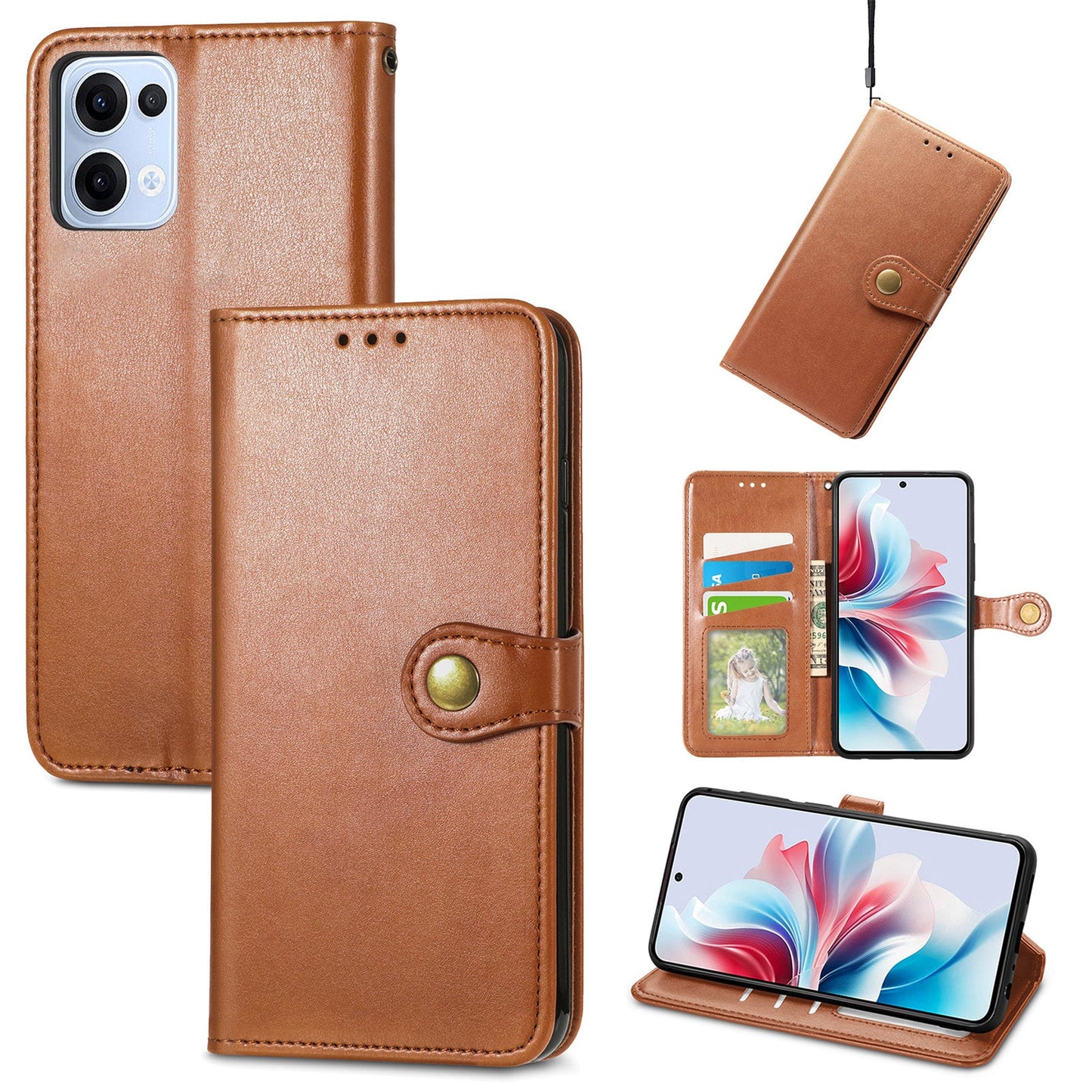 For Oppo Reno13 5G (Global) Case Leather Phone Case Wallet Stand Cover with Wrist Strap - Brown