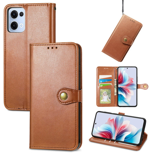 For Oppo Reno13 5G (Global) Case Leather Phone Case Wallet Stand Cover with Wrist Strap - Brown