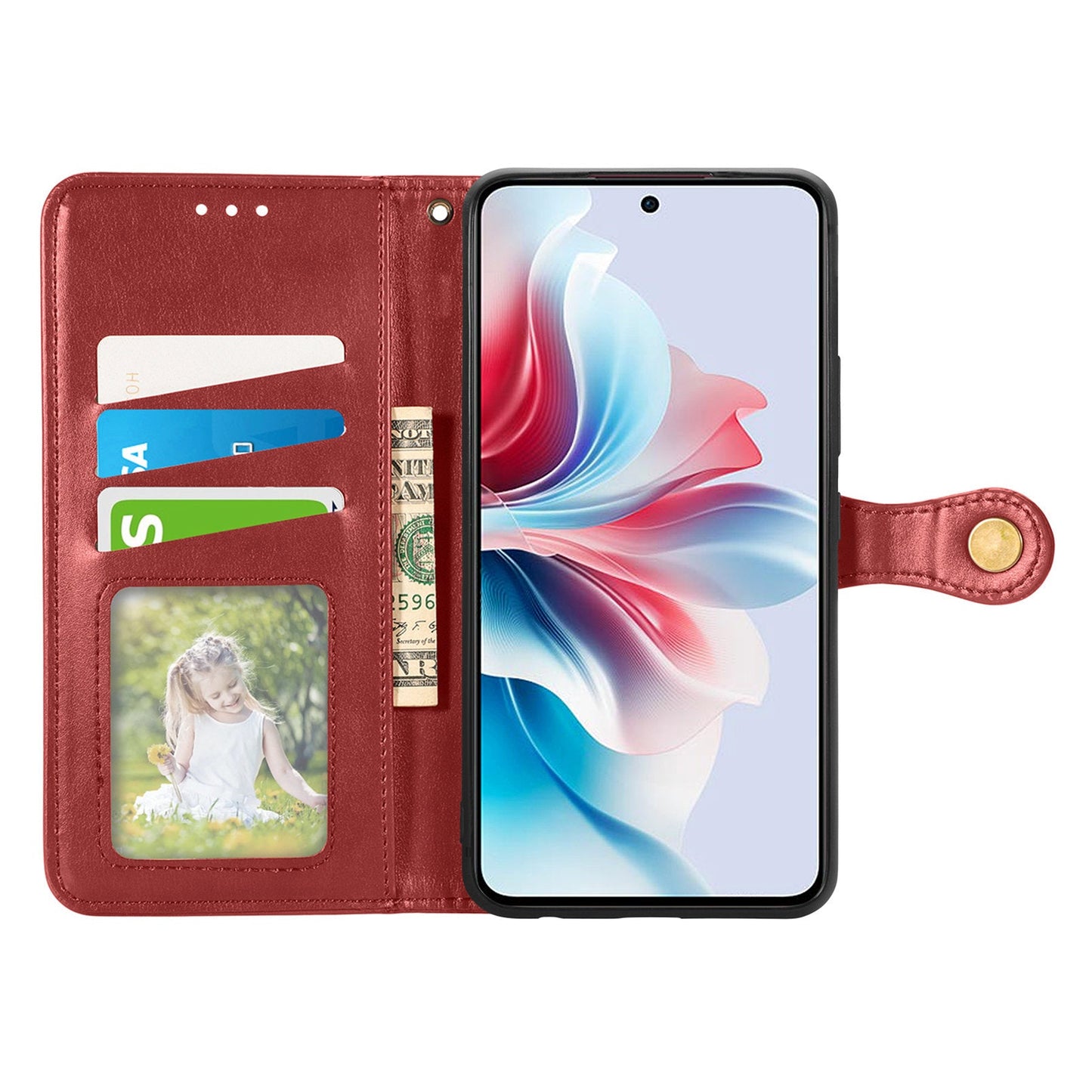 For Oppo Reno13 5G (Global) Case Leather Phone Case Wallet Stand Cover with Wrist Strap - Red