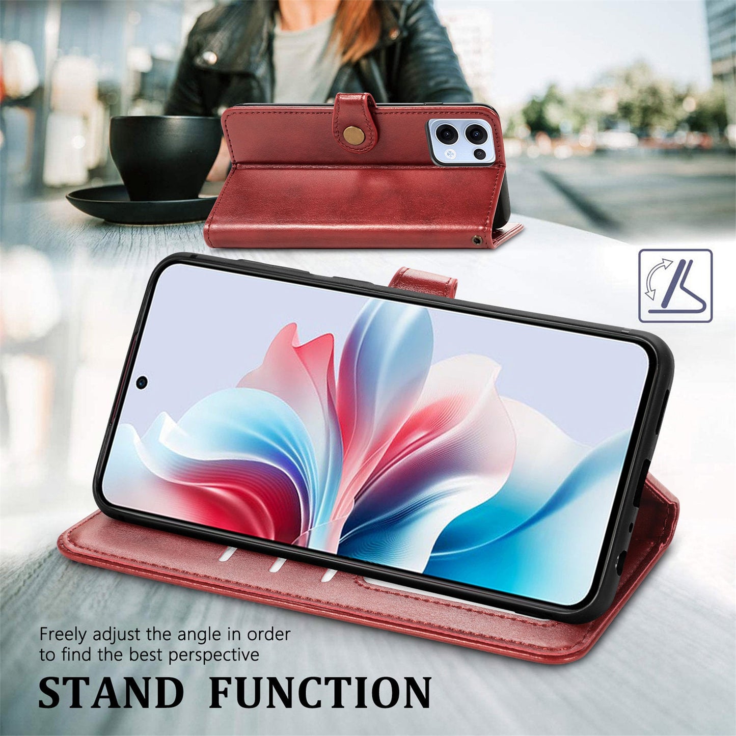 For Oppo Reno13 5G (Global) Case Leather Phone Case Wallet Stand Cover with Wrist Strap - Red