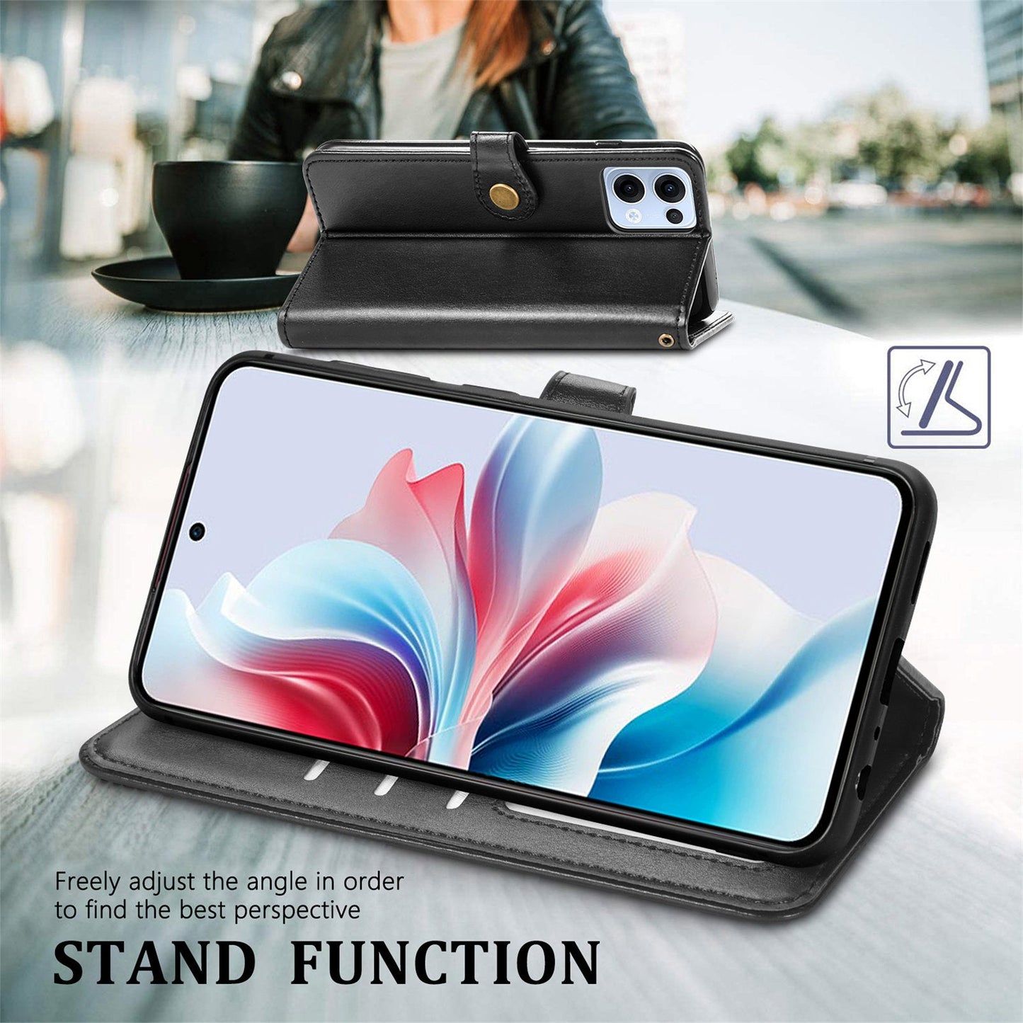 For Oppo Reno13 5G (Global) Case Leather Phone Case Wallet Stand Cover with Wrist Strap - Black