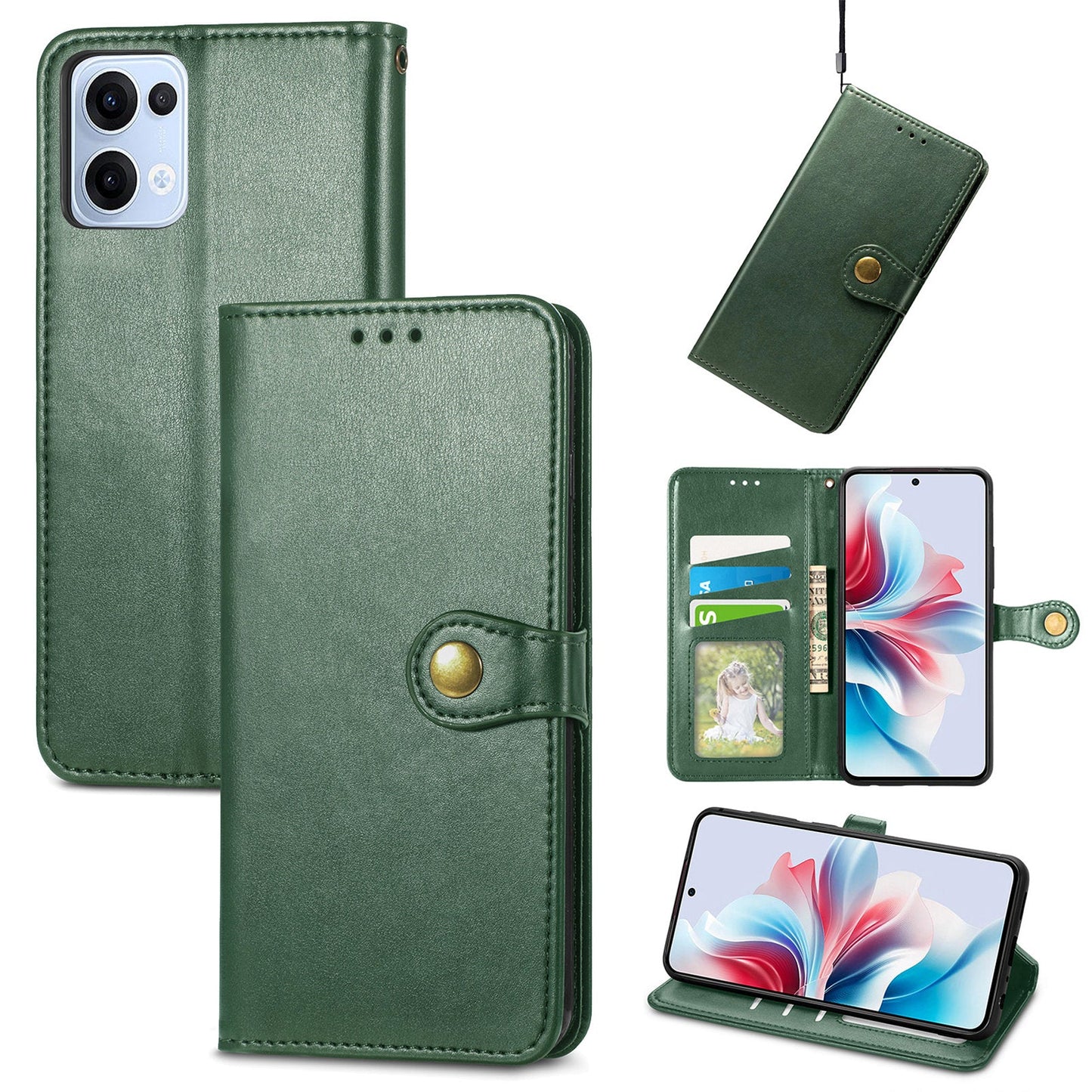 For Oppo Reno13 5G (Global) Case Leather Phone Case Wallet Stand Cover with Wrist Strap - Green