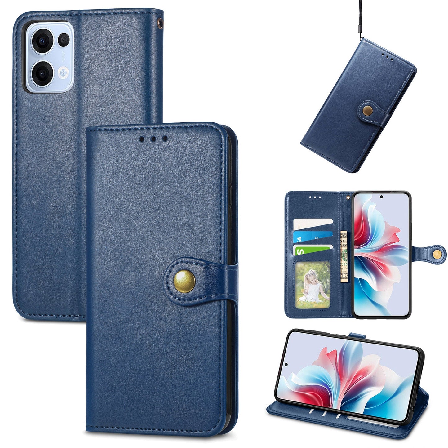 For Oppo Reno13 5G (Global) Case Leather Phone Case Wallet Stand Cover with Wrist Strap - Blue