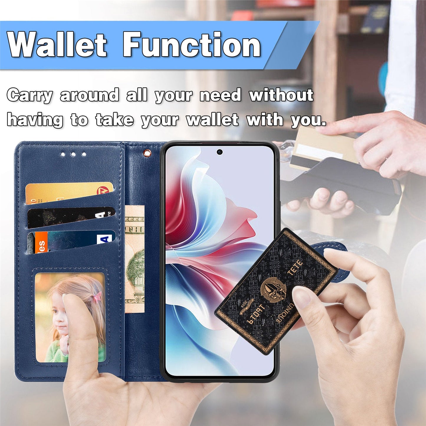 For Oppo Reno13 5G (Global) Case Leather Phone Case Wallet Stand Cover with Wrist Strap - Blue
