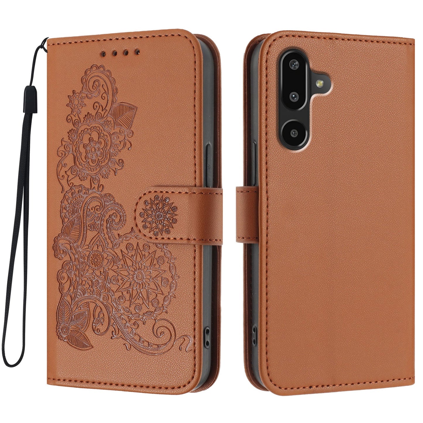 For Samsung Galaxy M16 5G / Galaxy F16 5G Phone Cases Mandala Flower Leather Wallet Mobile Cover with Strap - Coffee