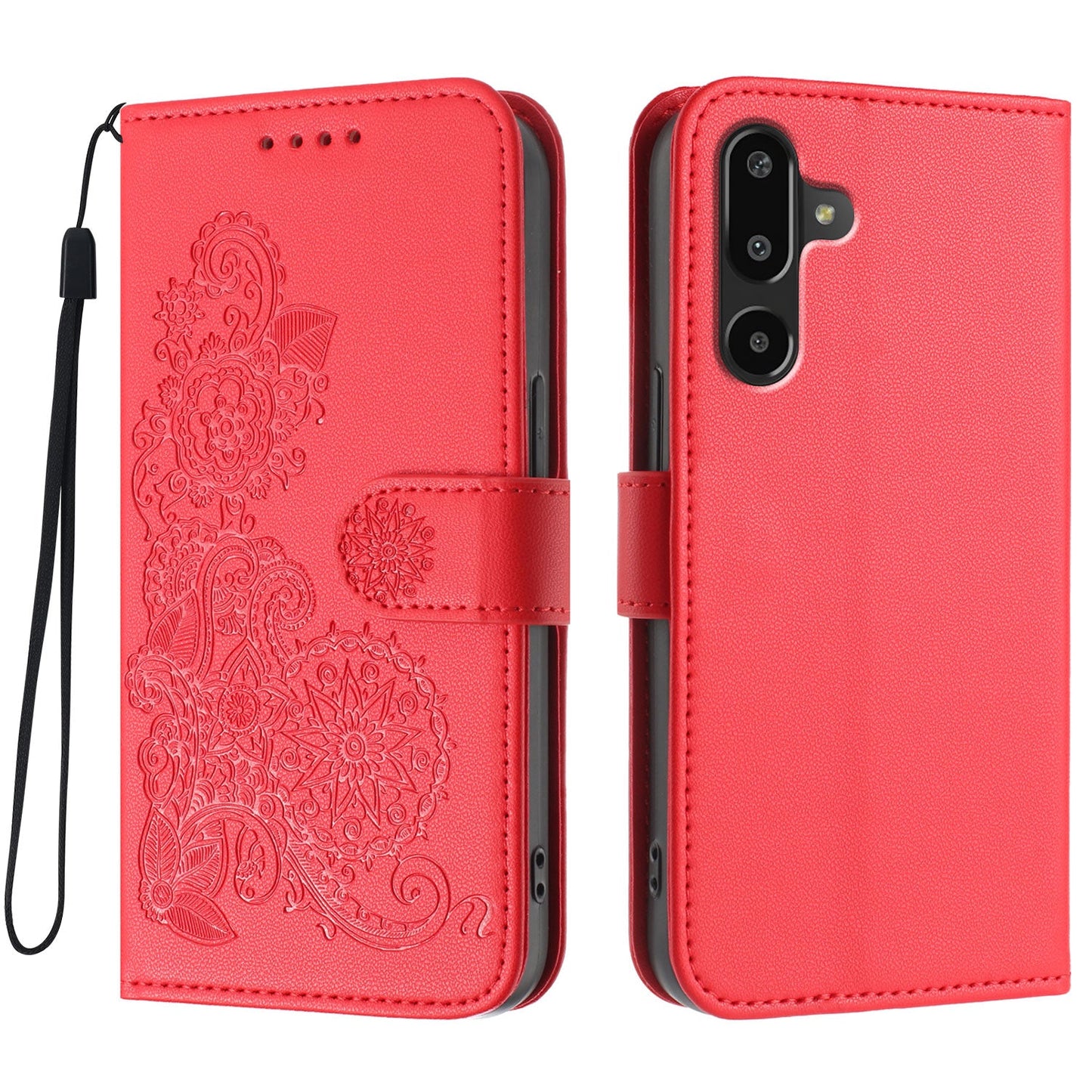 For Samsung Galaxy M16 5G / Galaxy F16 5G Phone Cases Mandala Flower Leather Wallet Mobile Cover with Strap - Red