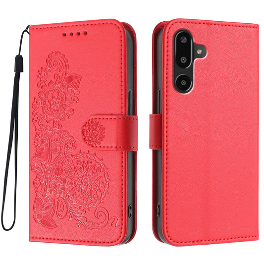 For Samsung Galaxy M16 5G / Galaxy F16 5G Phone Cases Mandala Flower Leather Wallet Mobile Cover with Strap - Red