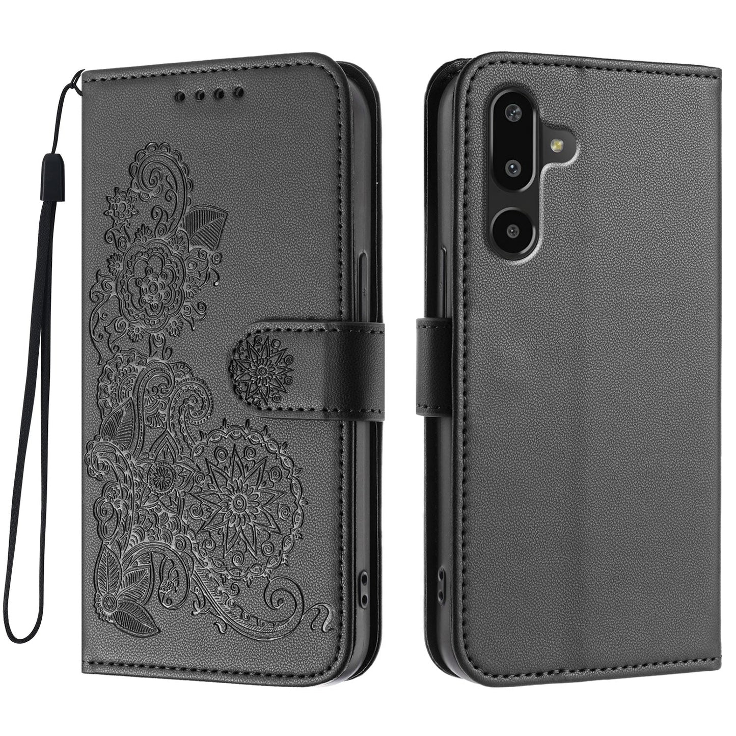 For Samsung Galaxy M16 5G / Galaxy F16 5G Phone Cases Mandala Flower Leather Wallet Mobile Cover with Strap - Black