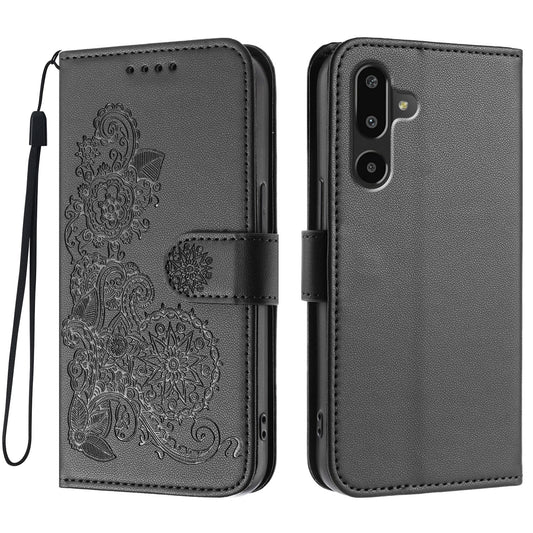 For Samsung Galaxy M16 5G / Galaxy F16 5G Phone Cases Mandala Flower Leather Wallet Mobile Cover with Strap - Black