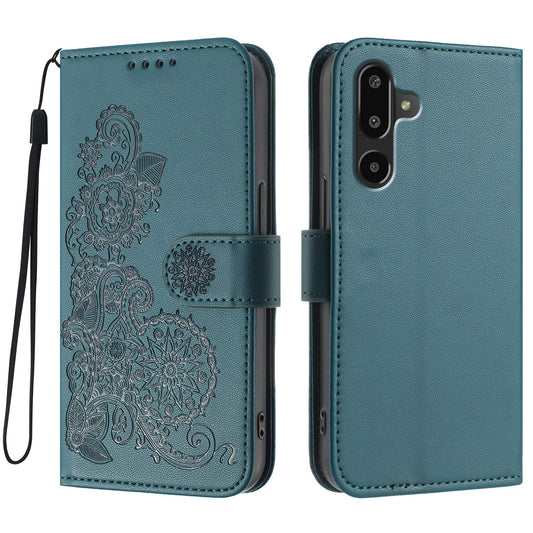 For Samsung Galaxy M16 5G / Galaxy F16 5G Phone Cases Mandala Flower Leather Wallet Mobile Cover with Strap - Blackish Green