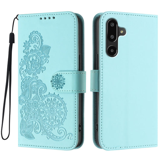 For Samsung Galaxy M16 5G / Galaxy F16 5G Phone Cases Mandala Flower Leather Wallet Mobile Cover with Strap - Light Blue