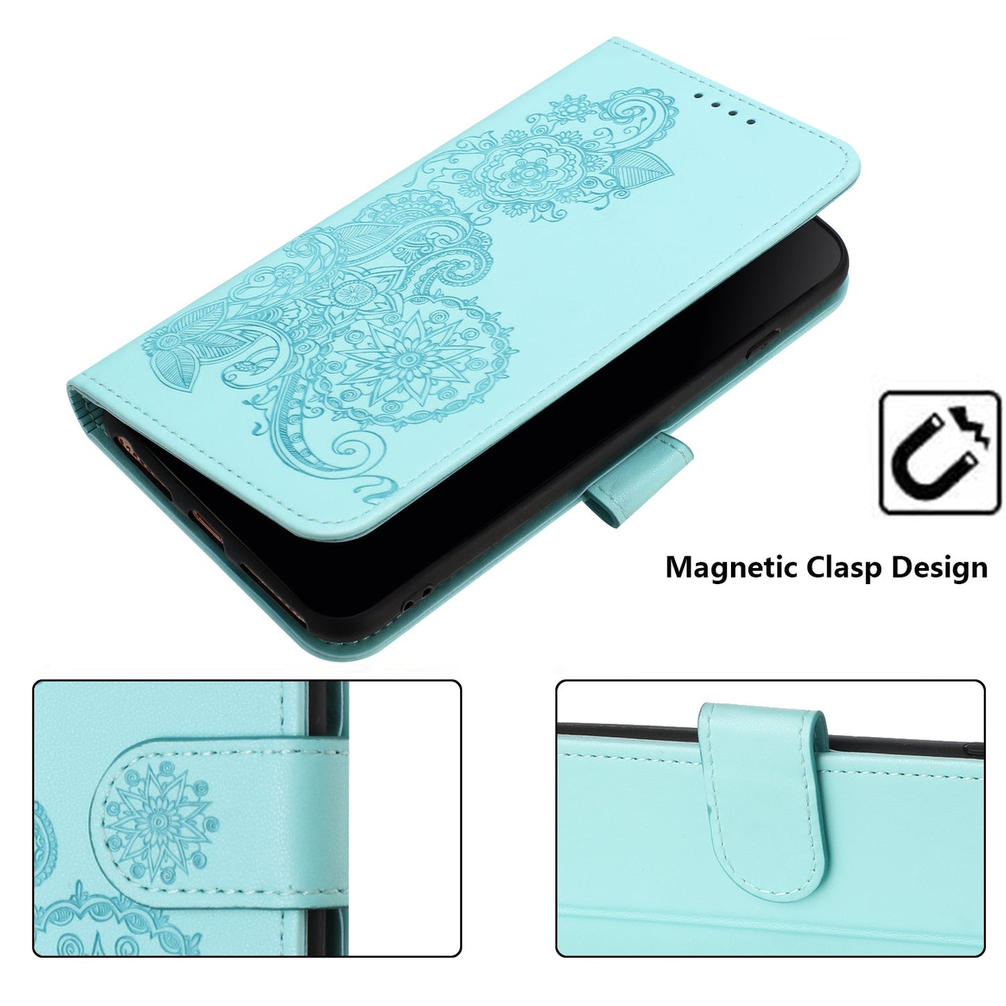 For Samsung Galaxy M16 5G / Galaxy F16 5G Phone Cases Mandala Flower Leather Wallet Mobile Cover with Strap - Light Blue