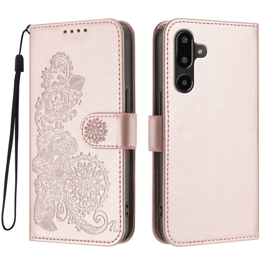 For Samsung Galaxy M16 5G / Galaxy F16 5G Phone Cases Mandala Flower Leather Wallet Mobile Cover with Strap - Rose Gold