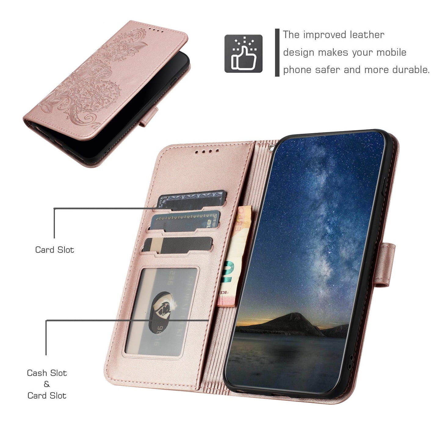 For Samsung Galaxy M16 5G / Galaxy F16 5G Phone Cases Mandala Flower Leather Wallet Mobile Cover with Strap - Rose Gold