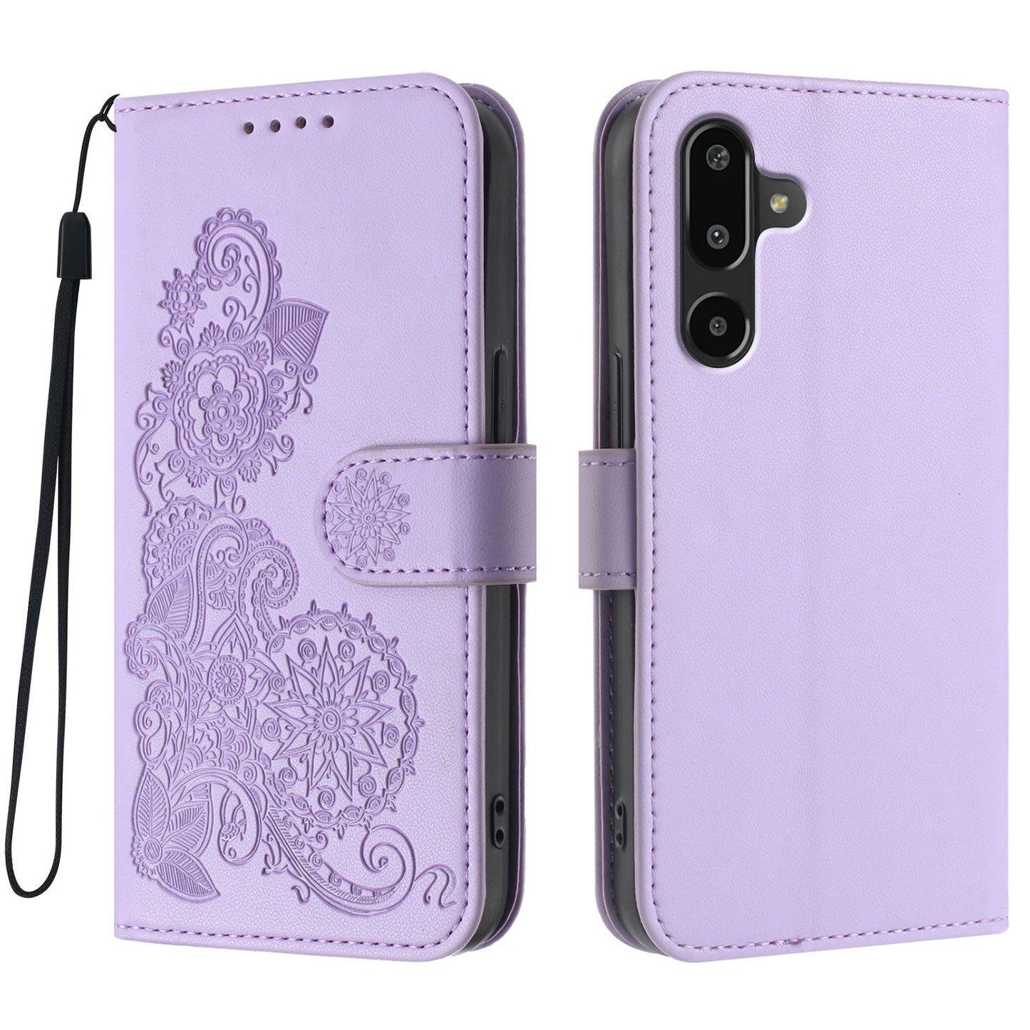 For Samsung Galaxy M16 5G / Galaxy F16 5G Phone Cases Mandala Flower Leather Wallet Mobile Cover with Strap - Purple