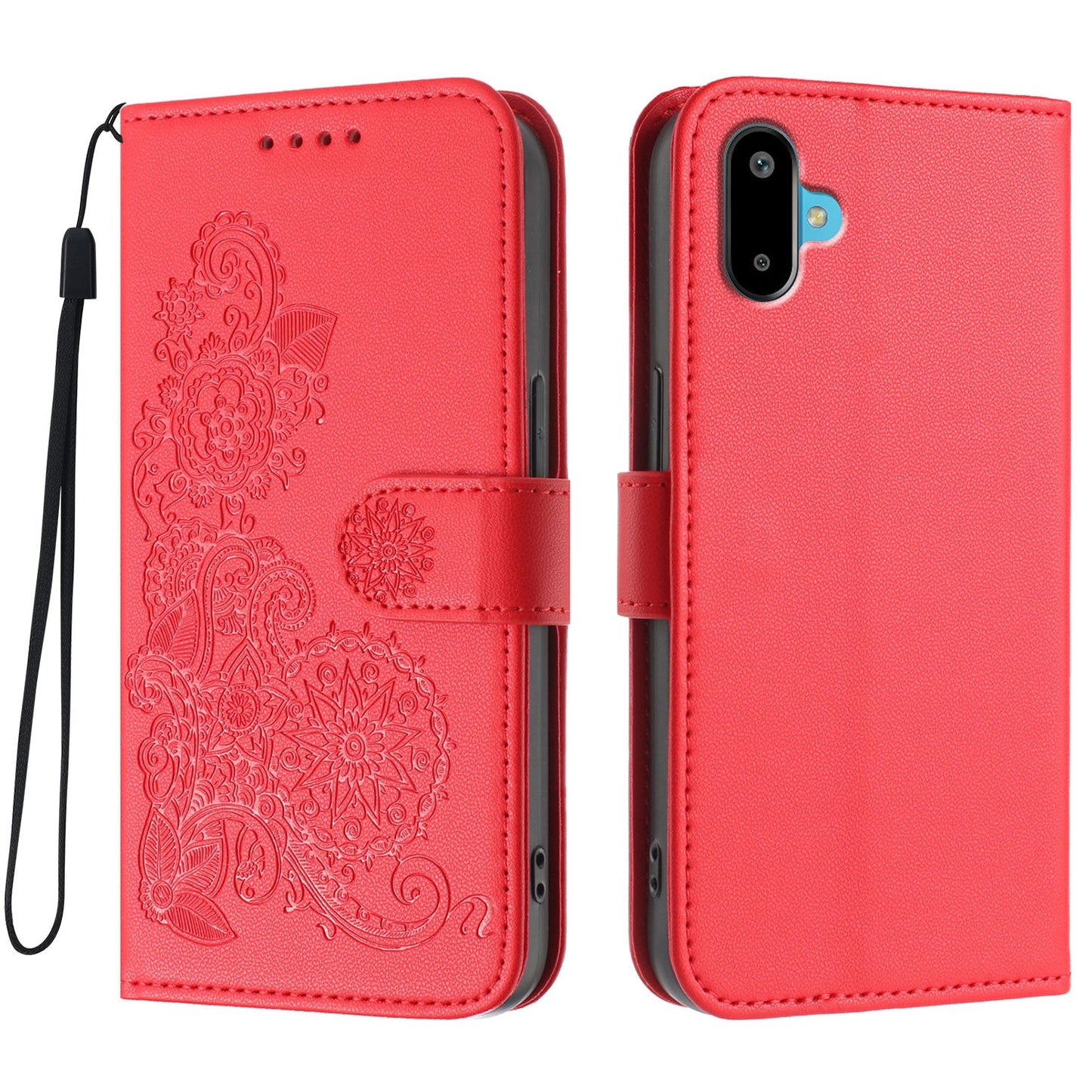 For Samsung Galaxy M06 5G / Galaxy F06 5G Phone Cases Mandala Flower Leather Wallet Mobile Cover with Strap - Red