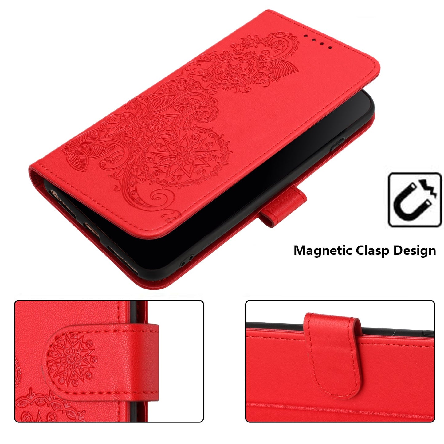 For Samsung Galaxy M06 5G / Galaxy F06 5G Phone Cases Mandala Flower Leather Wallet Mobile Cover with Strap - Red