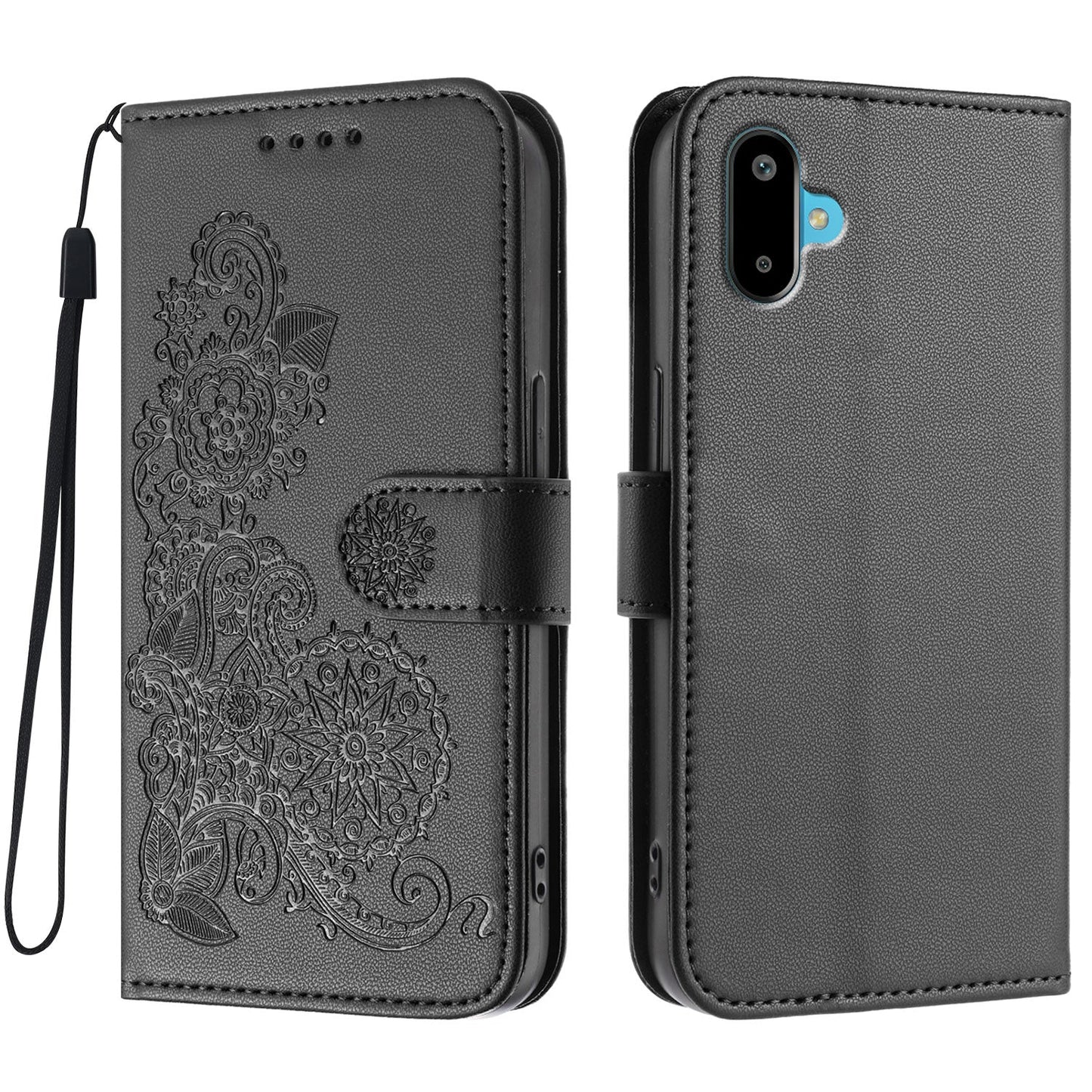 For Samsung Galaxy M06 5G / Galaxy F06 5G Phone Cases Mandala Flower Leather Wallet Mobile Cover with Strap - Black