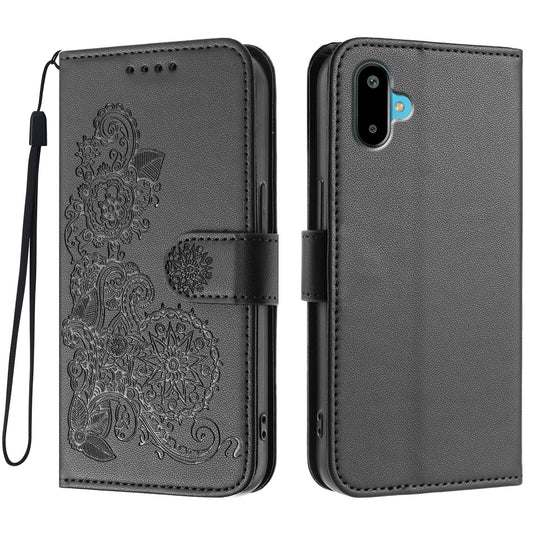 For Samsung Galaxy M06 5G / Galaxy F06 5G Phone Cases Mandala Flower Leather Wallet Mobile Cover with Strap - Black