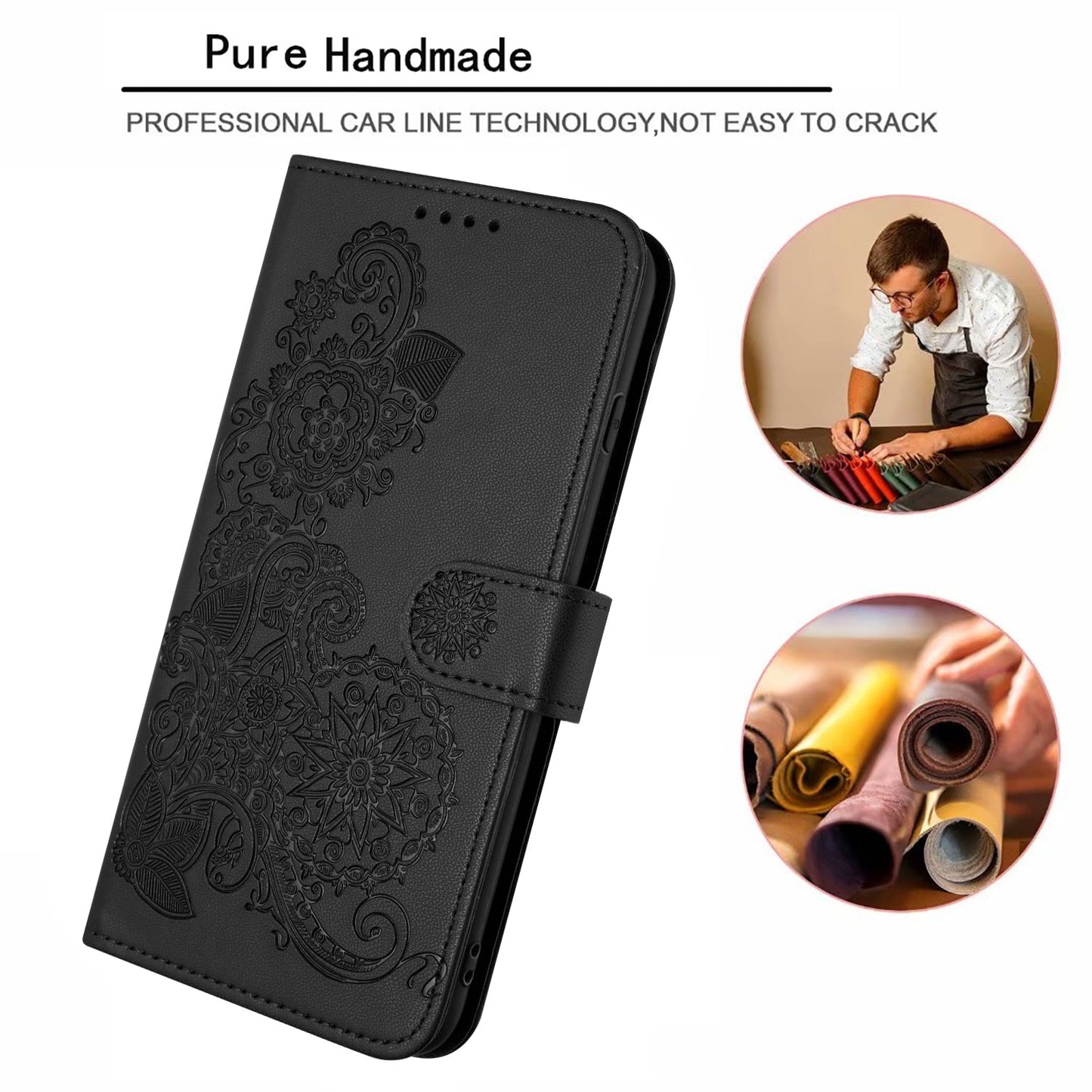 For Samsung Galaxy M06 5G / Galaxy F06 5G Phone Cases Mandala Flower Leather Wallet Mobile Cover with Strap - Black