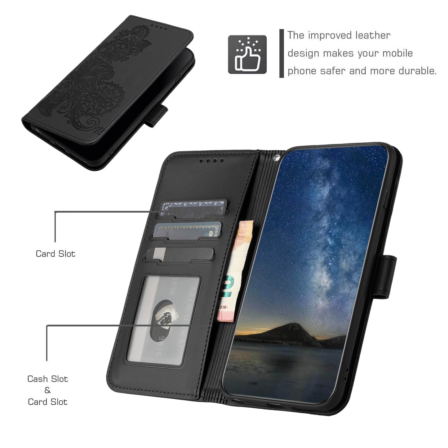For Samsung Galaxy M06 5G / Galaxy F06 5G Phone Cases Mandala Flower Leather Wallet Mobile Cover with Strap - Black