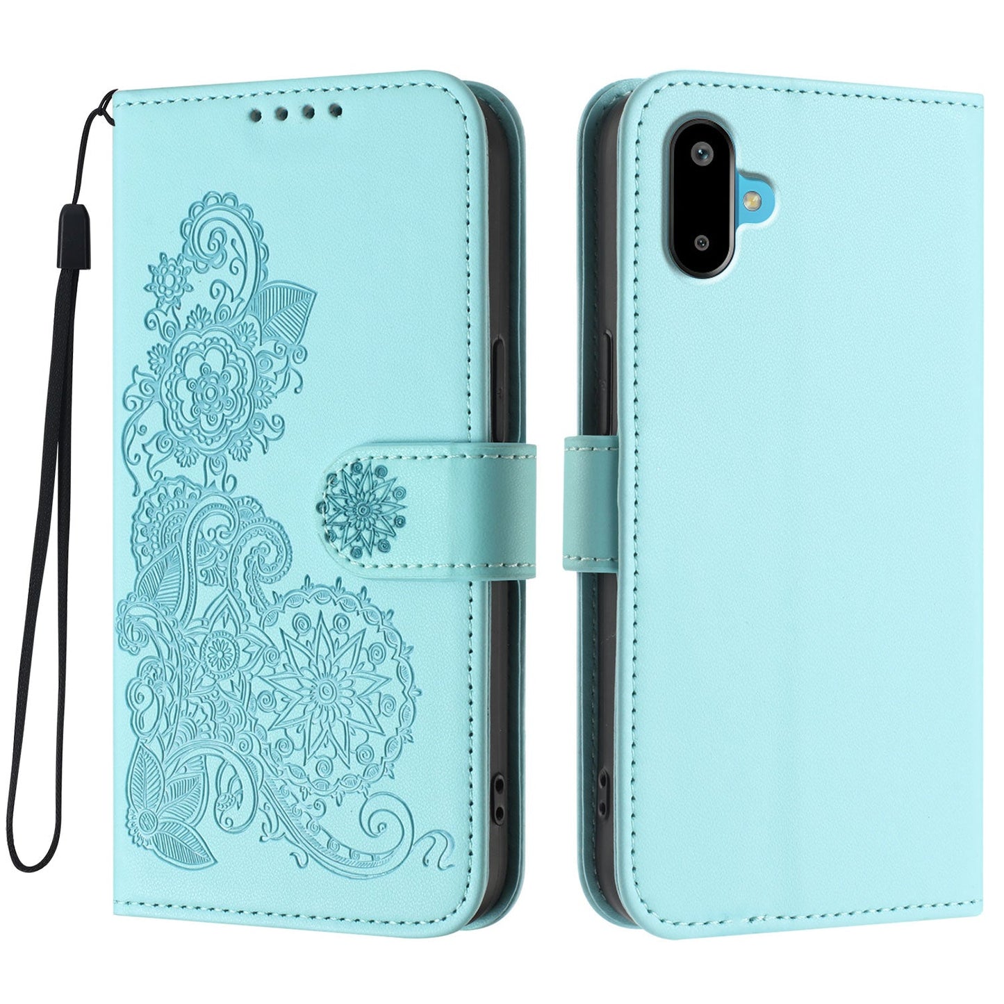 For Samsung Galaxy M06 5G / Galaxy F06 5G Phone Cases Mandala Flower Leather Wallet Mobile Cover with Strap - Light Blue