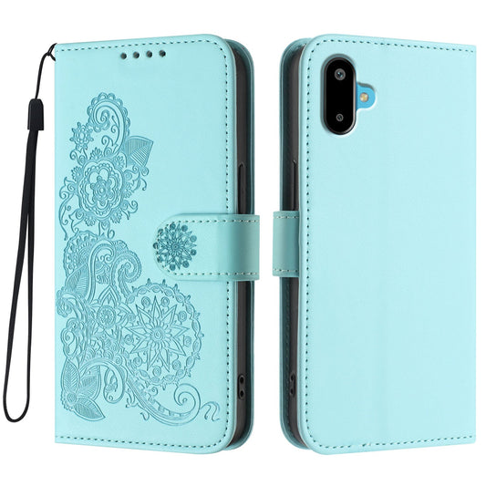 For Samsung Galaxy M06 5G / Galaxy F06 5G Phone Cases Mandala Flower Leather Wallet Mobile Cover with Strap - Light Blue