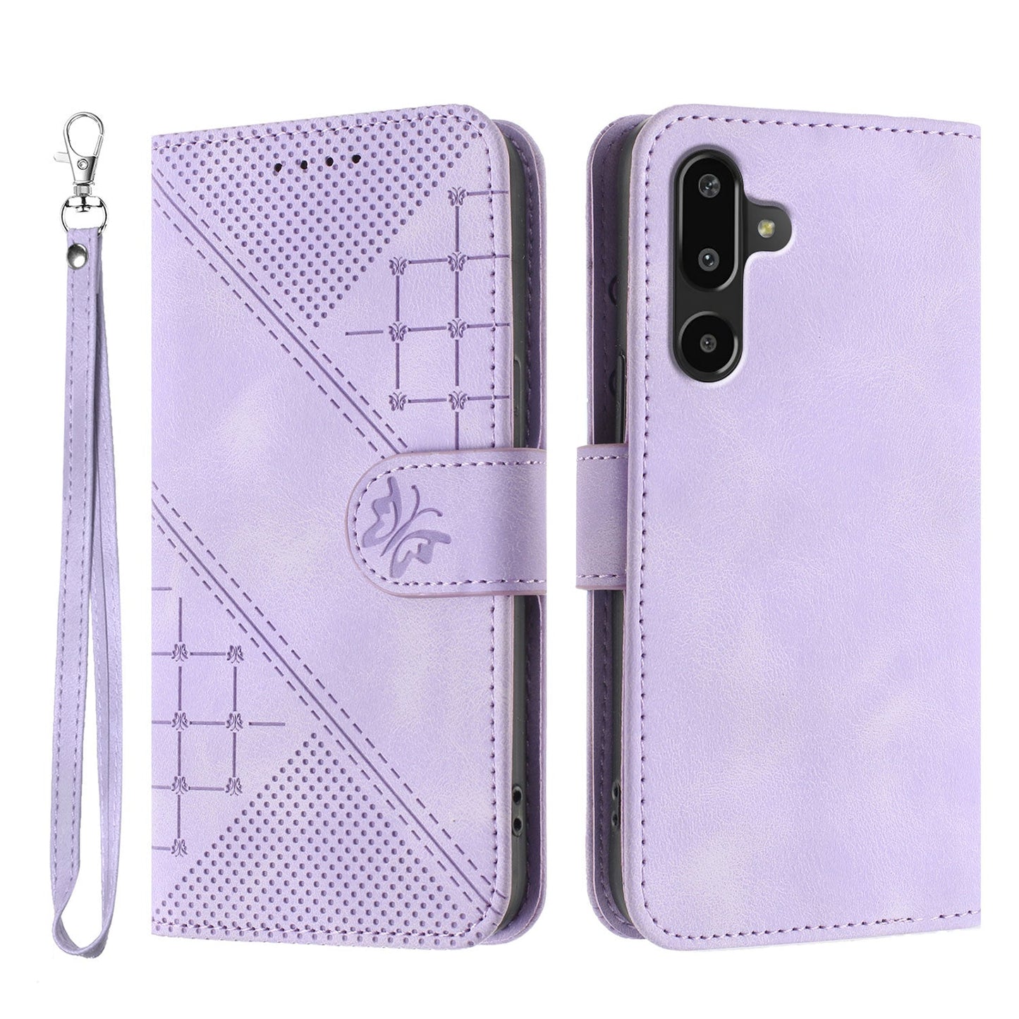 For Samsung Galaxy M16 5G / Galaxy F16 5G Leather Wallet Case Butterfly Flower Imprinted Phone Cover with Strap - Purple