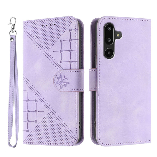 For Samsung Galaxy M16 5G / Galaxy F16 5G Leather Wallet Case Butterfly Flower Imprinted Phone Cover with Strap - Purple