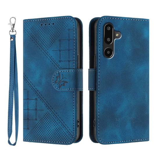 For Samsung Galaxy M16 5G / Galaxy F16 5G Leather Wallet Case Butterfly Flower Imprinted Phone Cover with Strap - Royal Blue