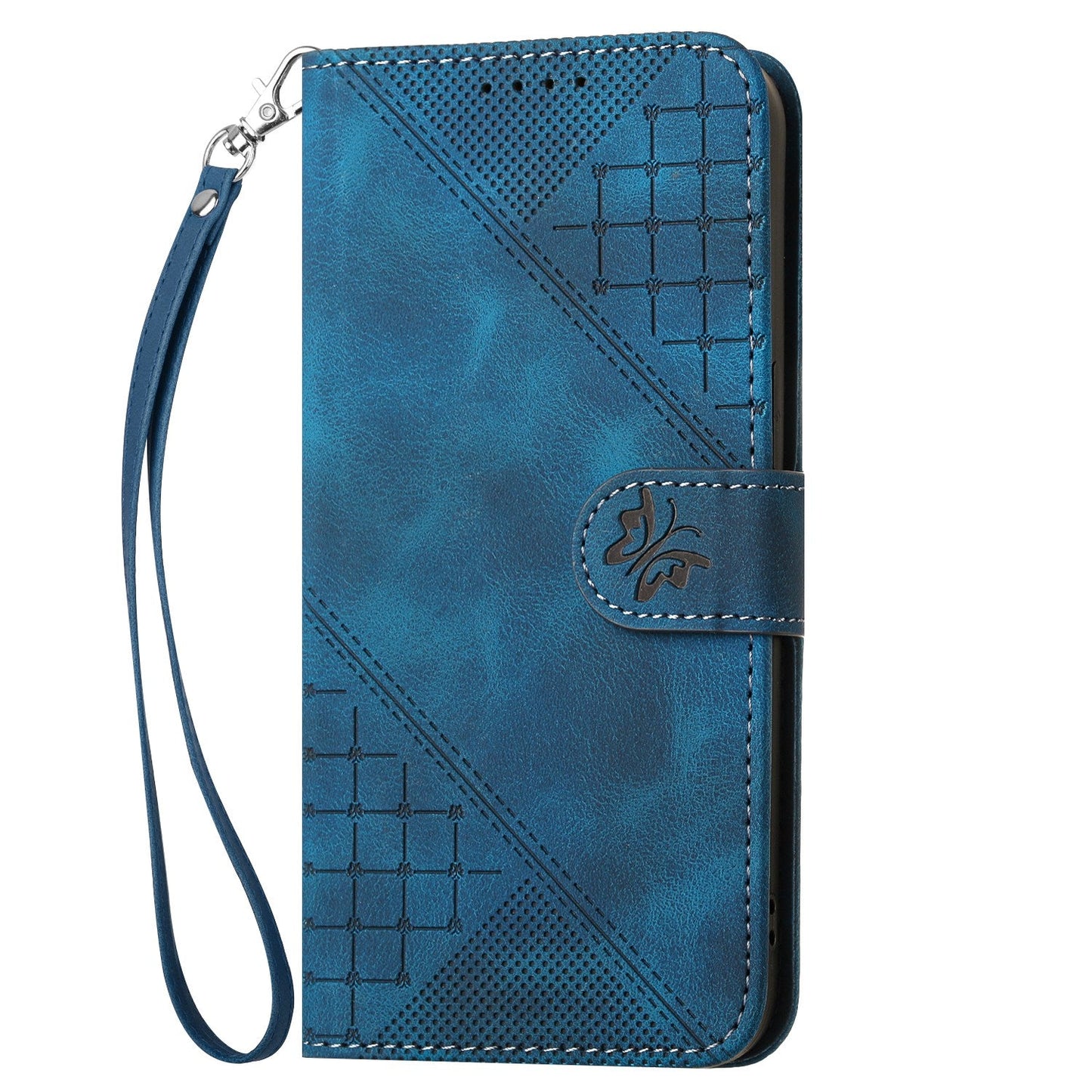 For Samsung Galaxy M16 5G / Galaxy F16 5G Leather Wallet Case Butterfly Flower Imprinted Phone Cover with Strap - Royal Blue