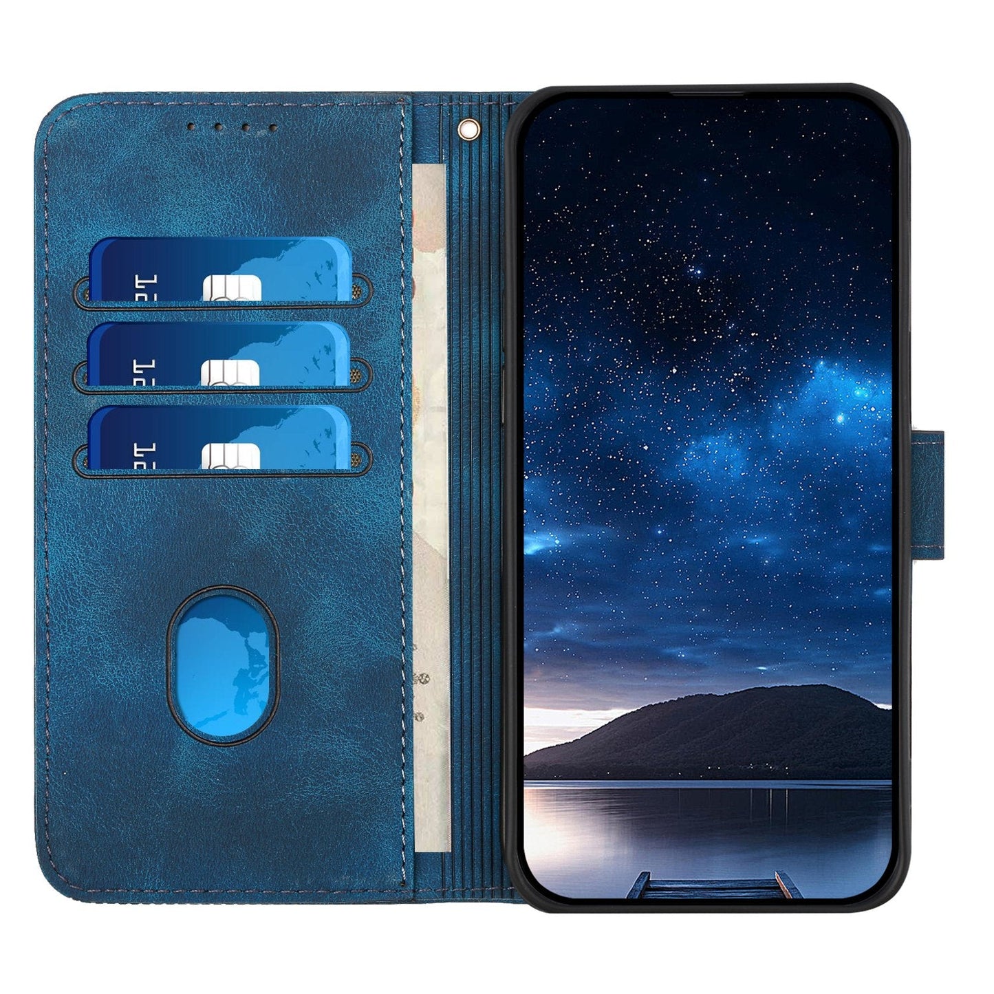 For Samsung Galaxy M16 5G / Galaxy F16 5G Leather Wallet Case Butterfly Flower Imprinted Phone Cover with Strap - Royal Blue