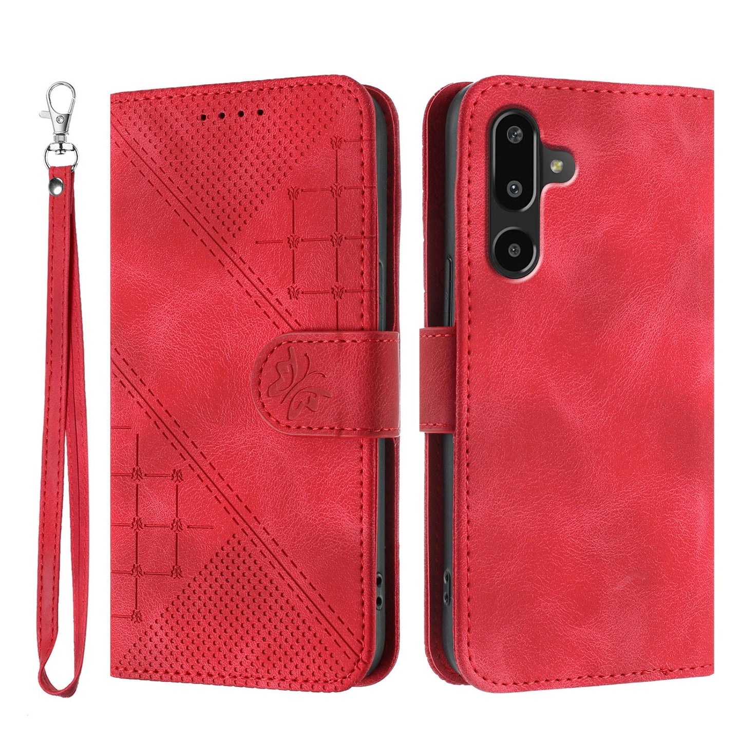 For Samsung Galaxy M16 5G / Galaxy F16 5G Leather Wallet Case Butterfly Flower Imprinted Phone Cover with Strap - Red