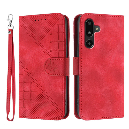 For Samsung Galaxy M16 5G / Galaxy F16 5G Leather Wallet Case Butterfly Flower Imprinted Phone Cover with Strap - Red
