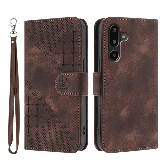 For Samsung Galaxy M16 5G / Galaxy F16 5G Leather Wallet Case Butterfly Flower Imprinted Phone Cover with Strap - Coffee