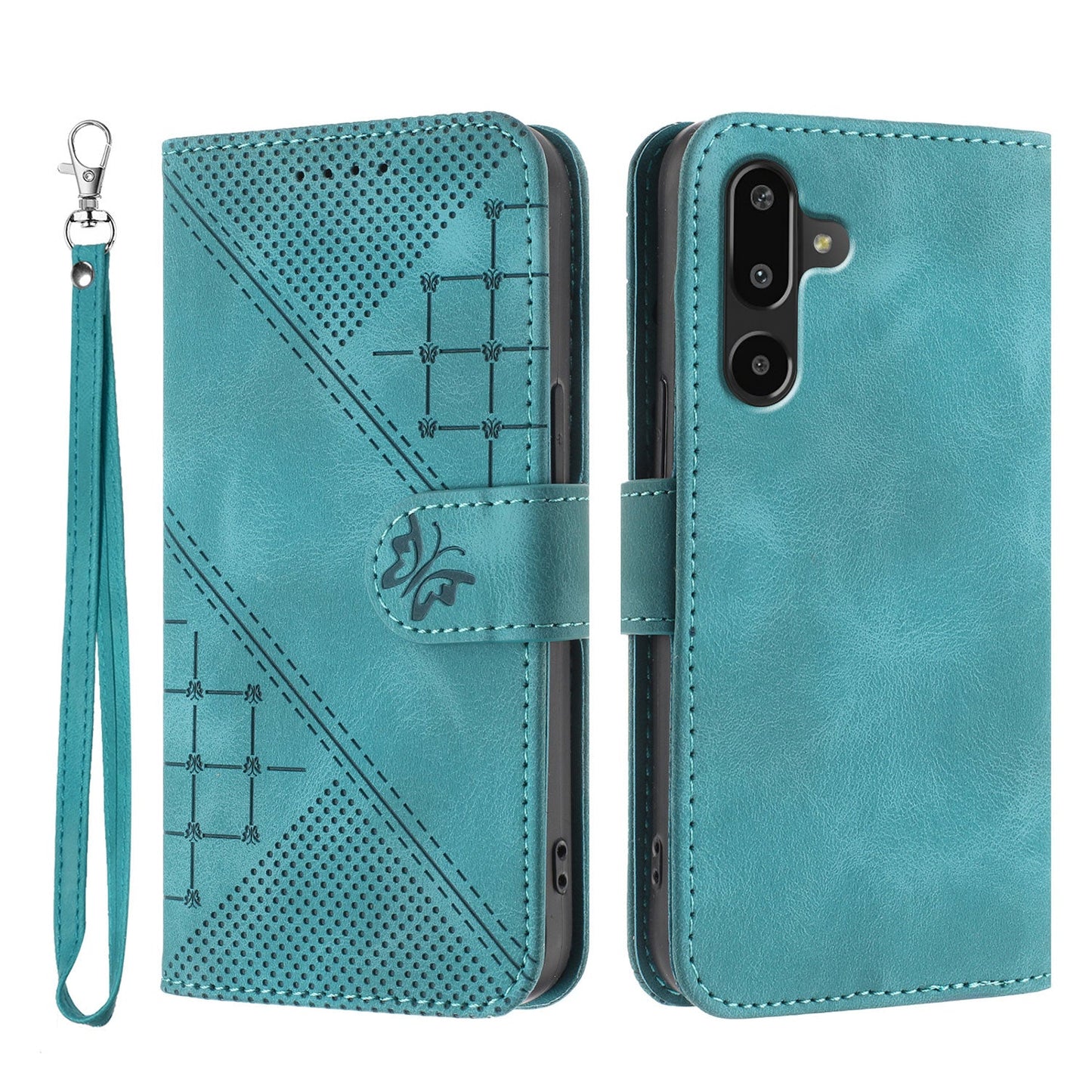 For Samsung Galaxy M16 5G / Galaxy F16 5G Leather Wallet Case Butterfly Flower Imprinted Phone Cover with Strap - Light Blue