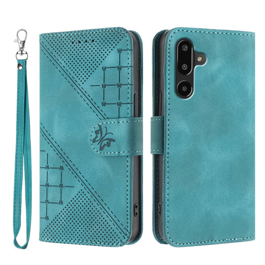 For Samsung Galaxy M16 5G / Galaxy F16 5G Leather Wallet Case Butterfly Flower Imprinted Phone Cover with Strap - Light Blue