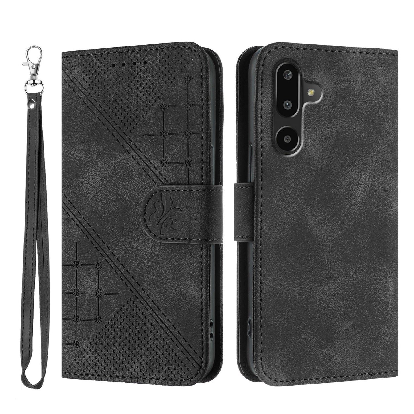 For Samsung Galaxy M16 5G / Galaxy F16 5G Leather Wallet Case Butterfly Flower Imprinted Phone Cover with Strap - Black