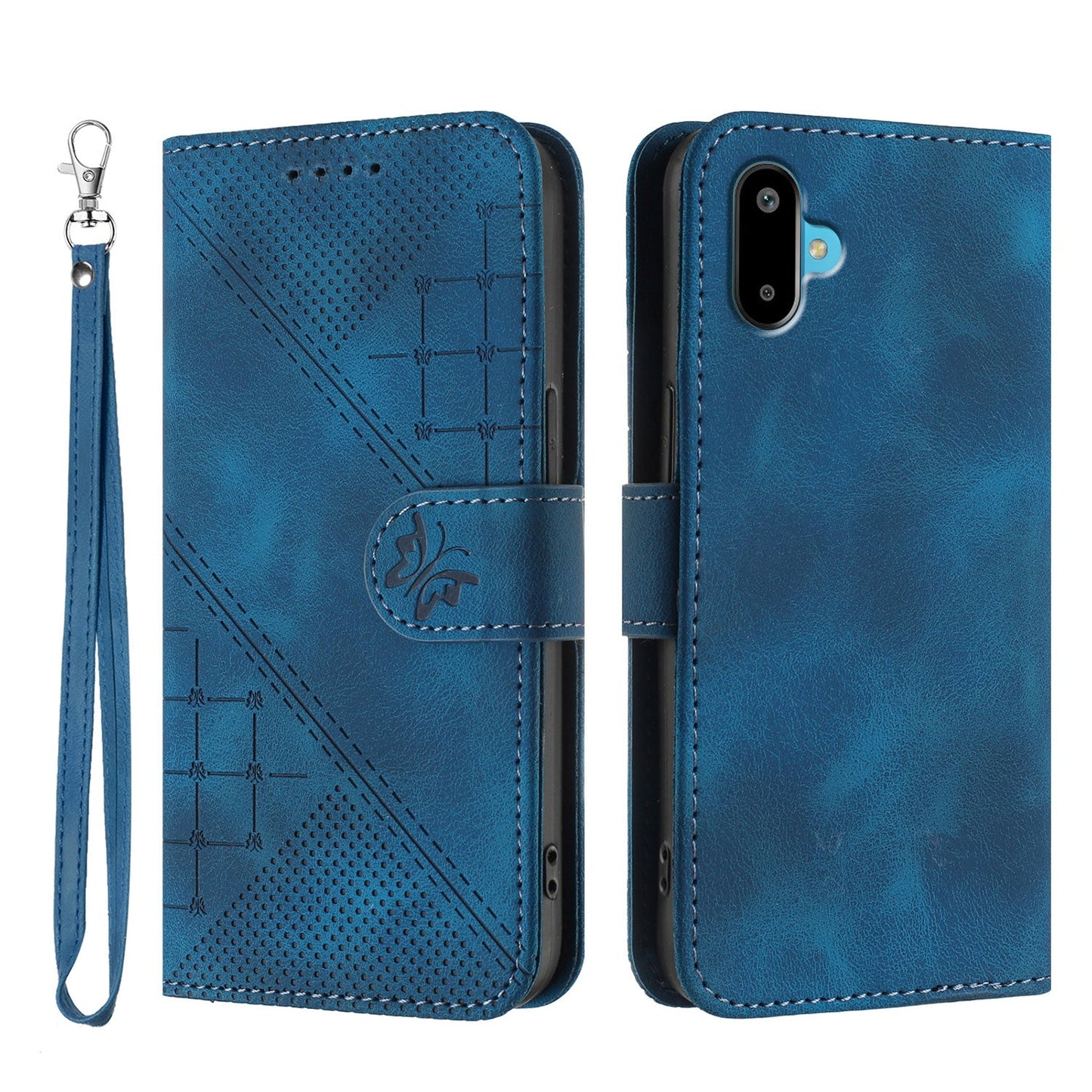 For Samsung Galaxy M06 5G / Galaxy F06 5G Leather Wallet Case Butterfly Flower Imprinted Phone Cover with Strap - Royal Blue